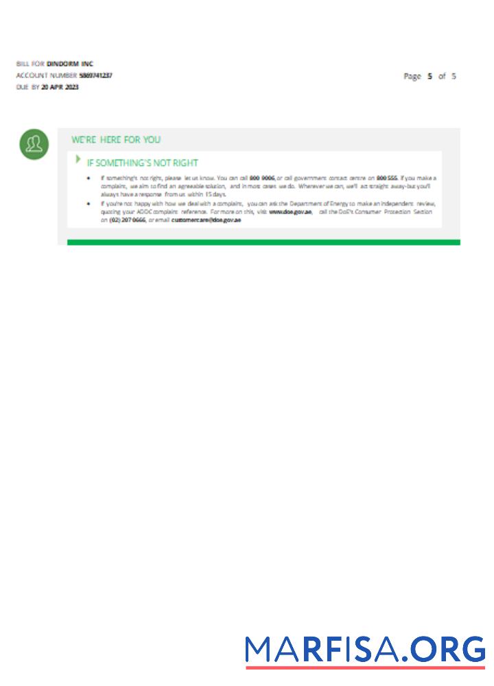 Printable Al Ain Distribution Company utility business bill, page 5, SCR sample